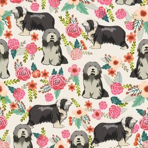bearded collie florals fabric - dog florals fabric, dog fabric, bearded collie fabric, dog fabric -  white