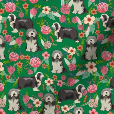 bearded collie florals fabric - dog florals fabric, dog fabric, bearded collie fabric, dog fabric -  green