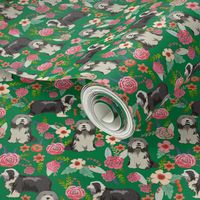 bearded collie florals fabric - dog florals fabric, dog fabric, bearded collie fabric, dog fabric -  green