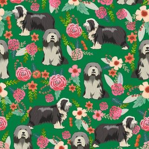 bearded collie florals fabric - dog florals fabric, dog fabric, bearded collie fabric, dog fabric -  green