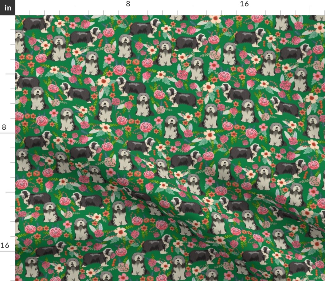 bearded collie florals fabric - dog florals fabric, dog fabric, bearded collie fabric, dog fabric -  green