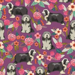 bearded collie florals fabric - dog florals fabric, dog fabric, bearded collie fabric, dog fabric -  purple