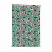 bearded collie florals fabric - dog florals fabric, dog fabric, bearded collie fabric, dog fabric - turquoise