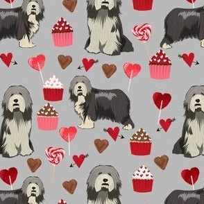 bearded collie valentines day fabric - cupcakes valentines fabric, bearded  collie fabric, dog fabric, dogs fabric - grey