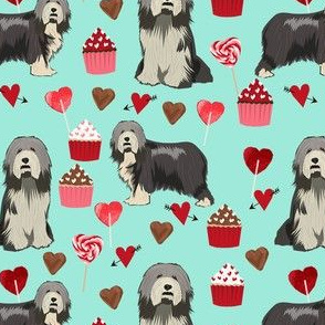 bearded collie valentines day fabric - cupcakes valentines fabric, bearded  collie fabric, dog fabric, dogs fabric - mint