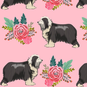 bearded collie floral dog fabric, dog floral fabric, dog florals fabric, bearded collies fabric - pink