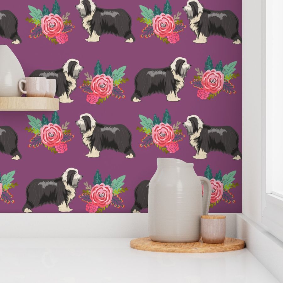 bearded collie floral dog fabric, dog floral fabric, dog florals fabric, bearded collies fabric - purple