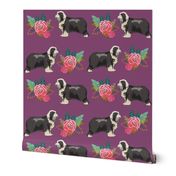 bearded collie floral dog fabric, dog floral fabric, dog florals fabric, bearded collies fabric - purple