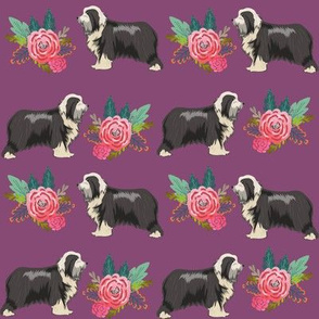 bearded collie floral dog fabric, dog floral fabric, dog florals fabric, bearded collies fabric - purple