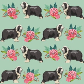 bearded collie floral dog fabric, dog floral fabric, dog florals fabric, bearded collies fabric -mint