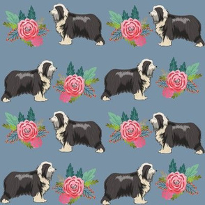 bearded collie floral dog fabric, dog floral fabric, dog florals fabric, bearded collies fabric - blue