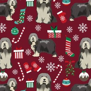 bearded collie christmas fabric - collie dog fabric, bearded collie fabric, christmas dog fabric -burgundy
