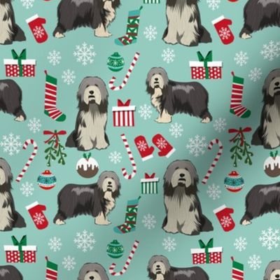 bearded collie christmas fabric - collie dog fabric, bearded collie fabric, christmas dog fabric - mint
