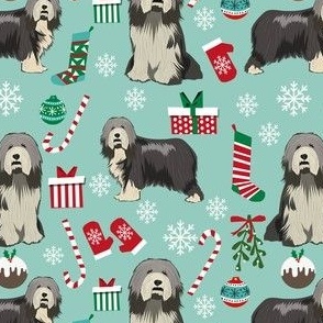 bearded collie christmas fabric - collie dog fabric, bearded collie fabric, christmas dog fabric - mint