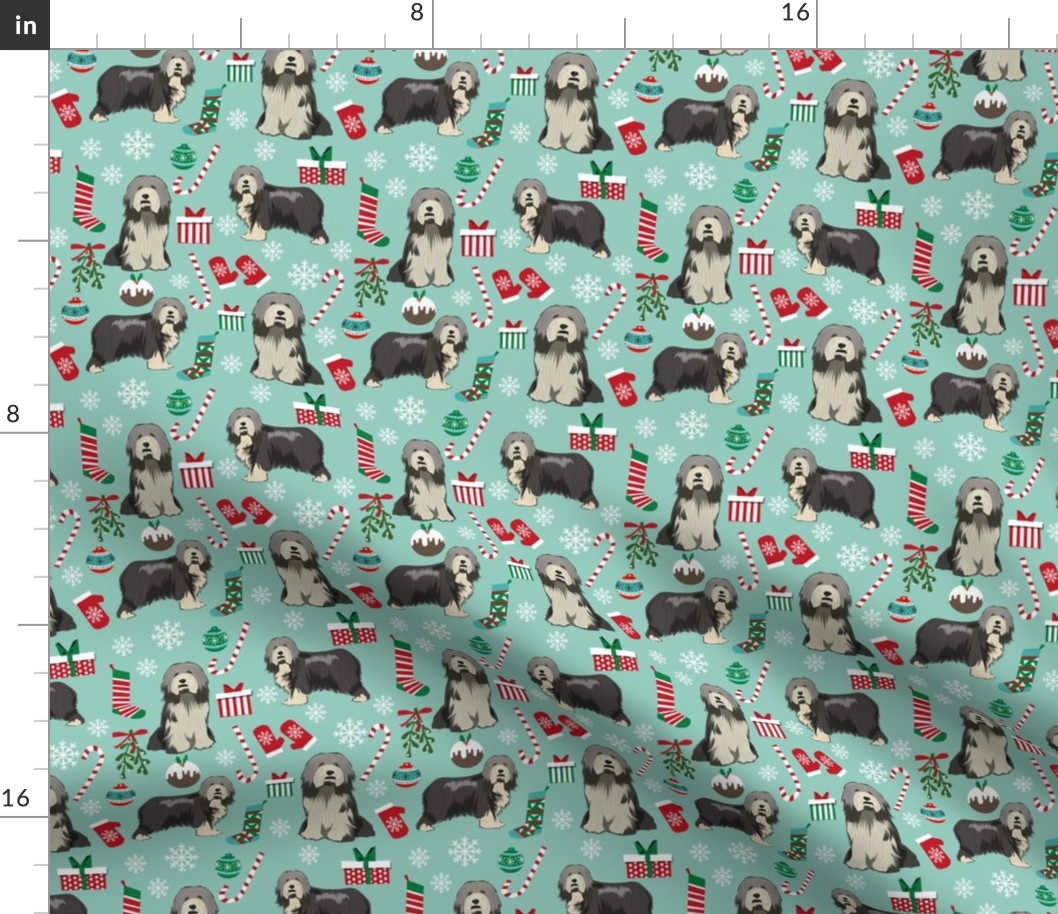 bearded collie christmas fabric - collie dog fabric, bearded collie fabric, christmas dog fabric - mint