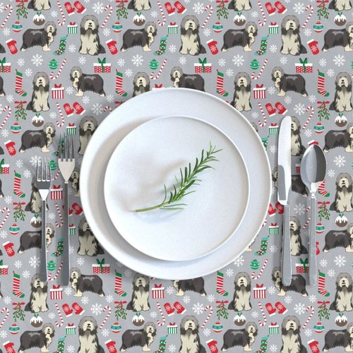 bearded collie christmas fabric - collie dog fabric, bearded collie fabric, christmas dog fabric - grey