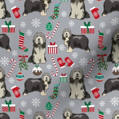 bearded collie christmas fabric - collie dog fabric, bearded collie fabric, christmas dog fabric - grey