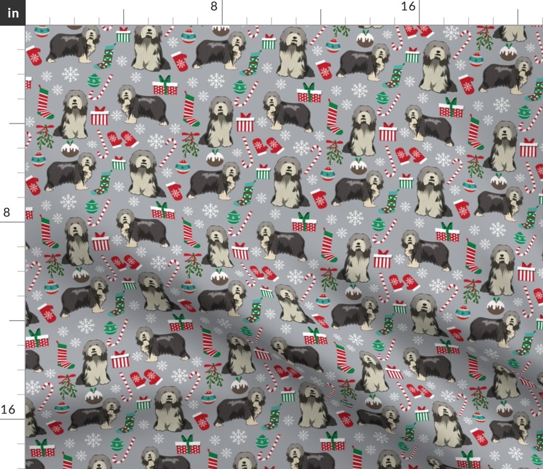 bearded collie christmas fabric - collie dog fabric, bearded collie fabric, christmas dog fabric - grey