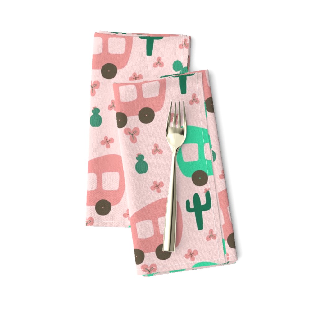 Camper Vans in Pink and Mint with Green Cactus and Pink Flowers