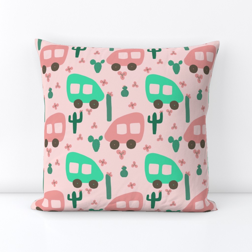 Camper Vans in Pink and Mint with Green Cactus and Pink Flowers