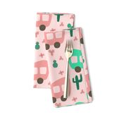 Camper Vans in Pink and Mint with Green Cactus and Pink Flowers