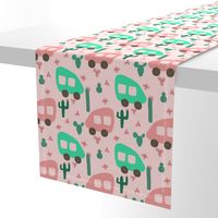 Camper Vans in Pink and Mint with Green Cactus and Pink Flowers