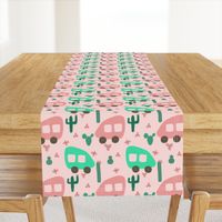 Camper Vans in Pink and Mint with Green Cactus and Pink Flowers