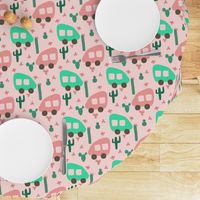 Camper Vans in Pink and Mint with Green Cactus and Pink Flowers