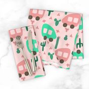 Camper Vans in Pink and Mint with Green Cactus and Pink Flowers