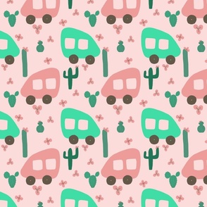 Camper Vans in Pink and Mint with Green Cactus and Pink Flowers