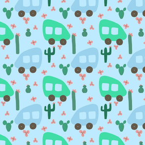 Camper Vans in Blue and Mint with Green Cactus and Pink Flowers