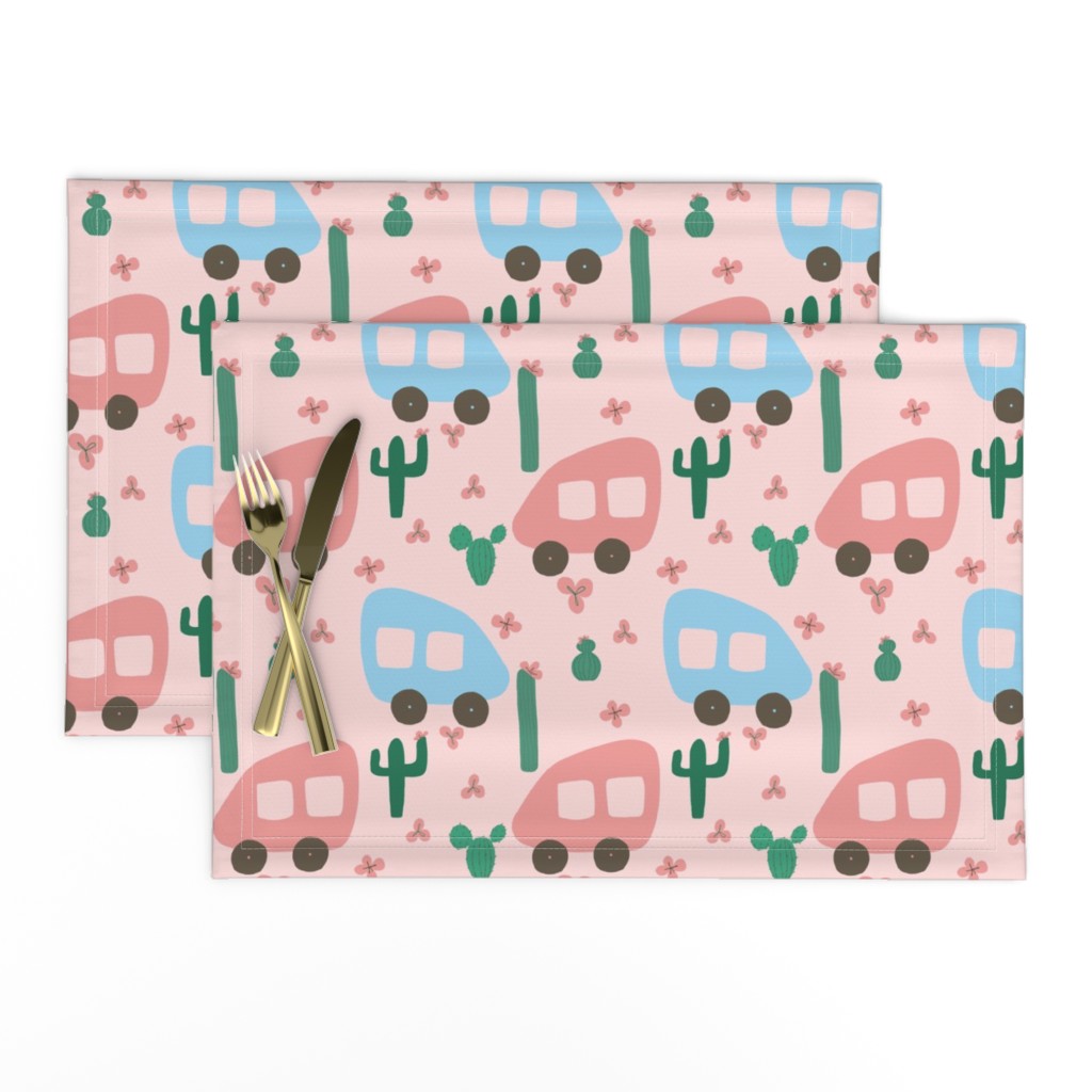 Camper Vans in Blue and Pink with Green Cactus and Pink Flowers