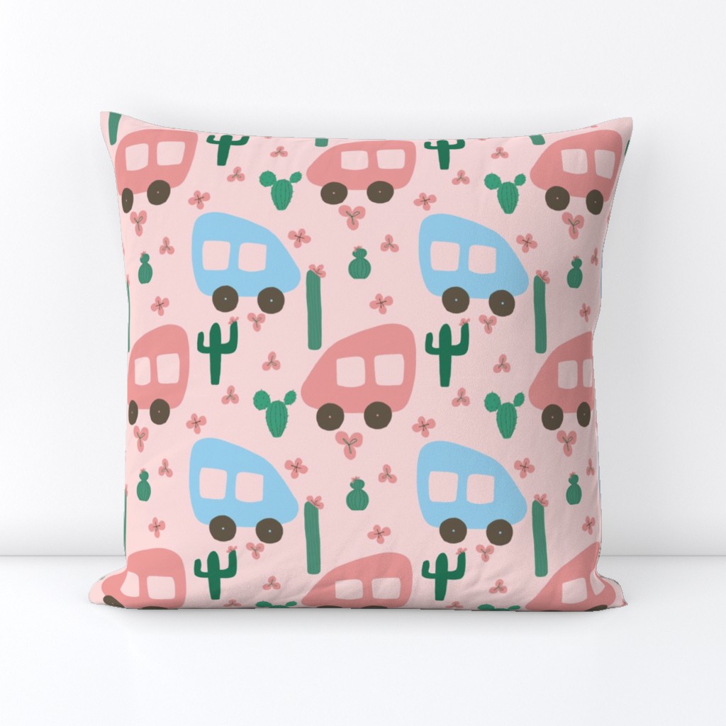 Camper Vans in Blue and Pink with Green Cactus and Pink Flowers