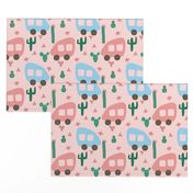 Camper Vans in Blue and Pink with Green Cactus and Pink Flowers