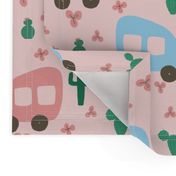 Camper Vans in Blue and Pink with Green Cactus and Pink Flowers