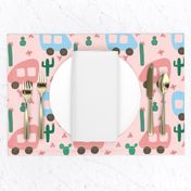 Camper Vans in Blue and Pink with Green Cactus and Pink Flowers