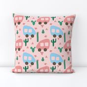 Camper Vans in Blue and Pink with Green Cactus and Pink Flowers
