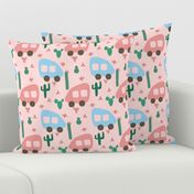 Camper Vans in Blue and Pink with Green Cactus and Pink Flowers