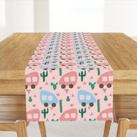 Camper Vans in Blue and Pink with Green Cactus and Pink Flowers