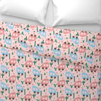 Camper Vans in Blue and Pink with Green Cactus and Pink Flowers