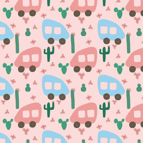 Camper Vans in Blue and Pink with Green Cactus and Pink Flowers