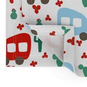 Camper Vans in Red and Blue with Green Cactus and Red Flowers