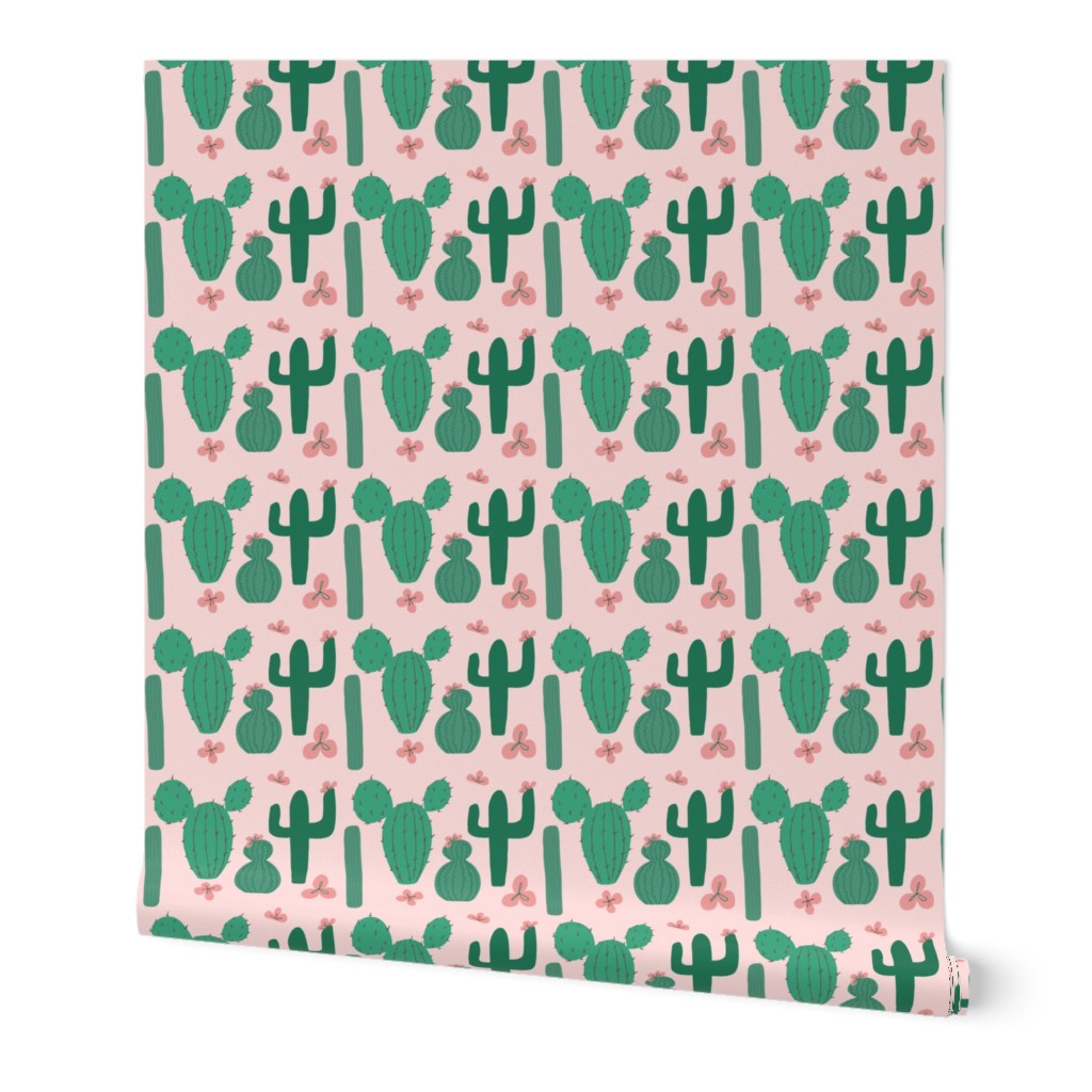 Green Cactus Shapes with Pink Cactus Flowers