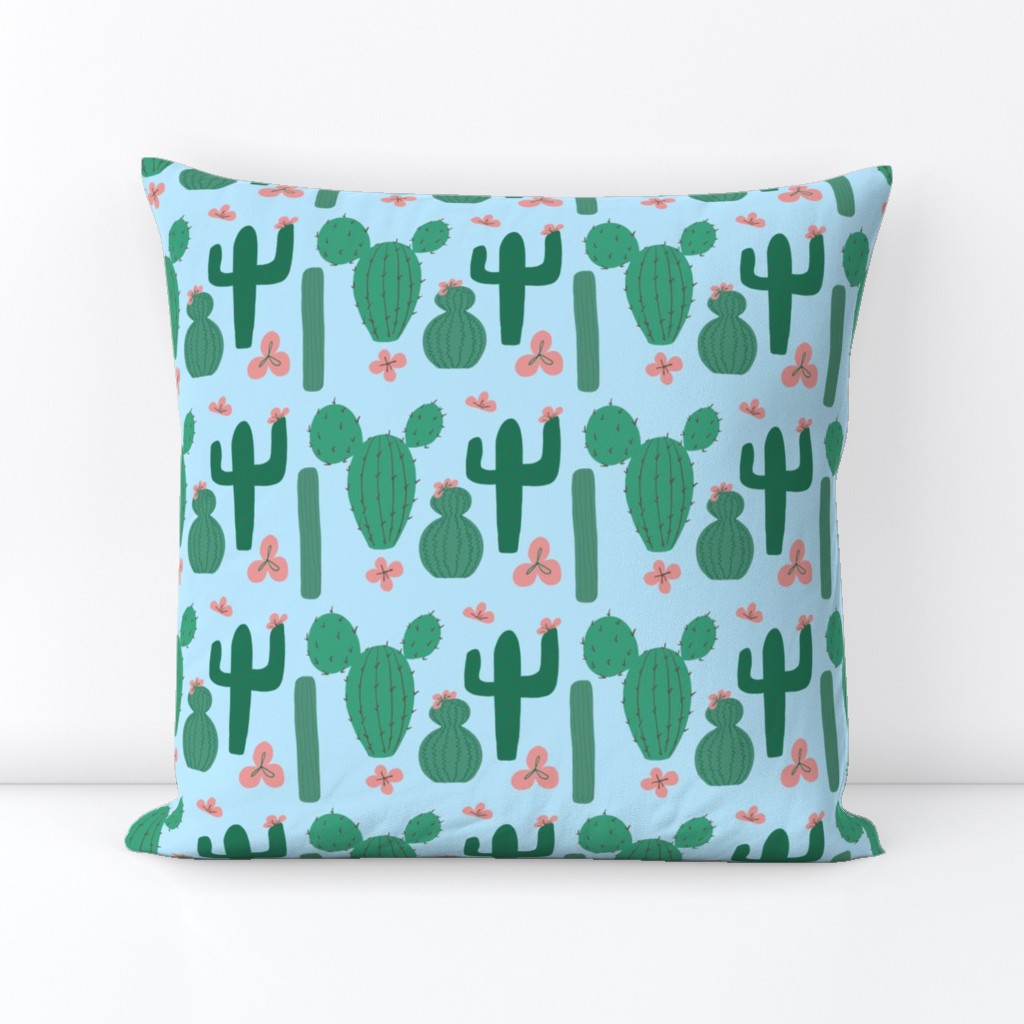 Green Cactus on Pale Blue with Pink Cactus Flowers