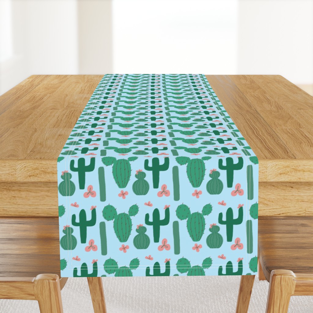 Green Cactus on Pale Blue with Pink Cactus Flowers