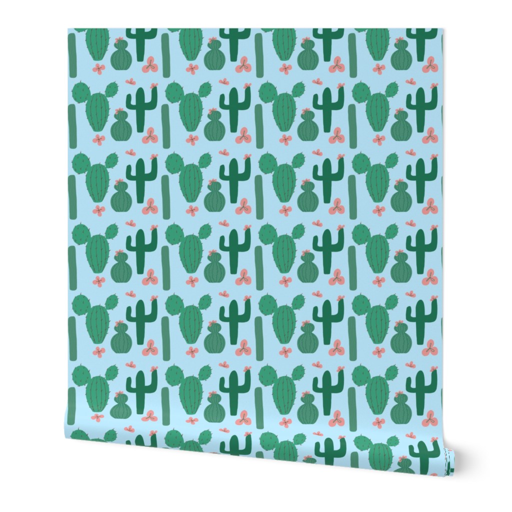Green Cactus on Pale Blue with Pink Cactus Flowers