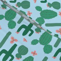 Green Cactus on Pale Blue with Pink Cactus Flowers