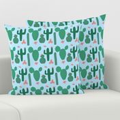 Green Cactus on Pale Blue with Pink Cactus Flowers