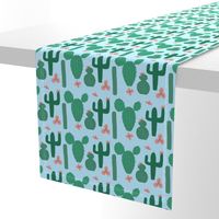 Green Cactus on Pale Blue with Pink Cactus Flowers