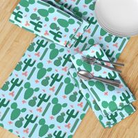 Green Cactus on Pale Blue with Pink Cactus Flowers